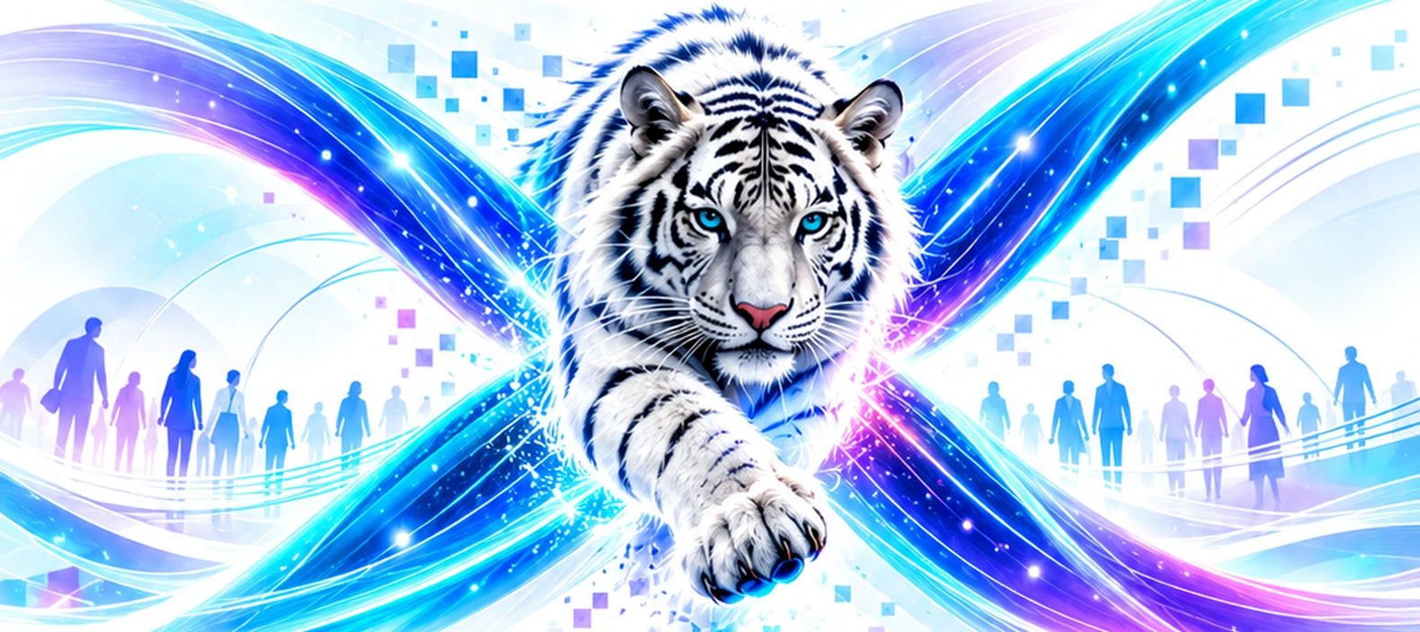 White tiger crossing luminous blue-purple X ribbons
